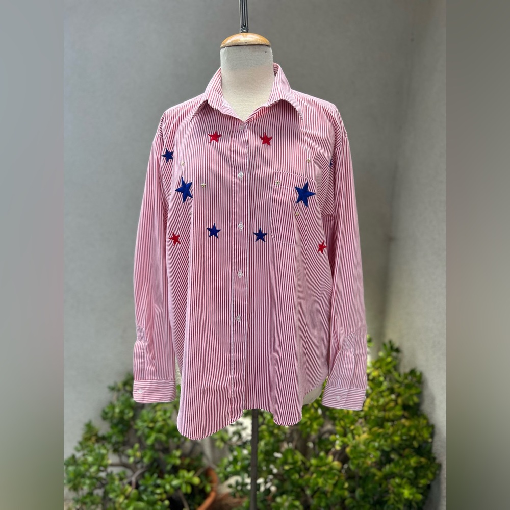 Vintage USA Patriotic Blouse Red White Blue Stars Stripes Sz XL By Apache